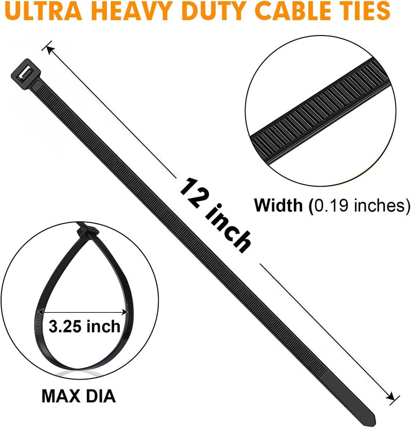 RAZCC 1200pcs Black Cable Zip Ties 12 Inch, Heavy Duty Plastic Nylon Tie Wraps with 50lb Tensile Strength for Indoor & Outdoor - Image 2